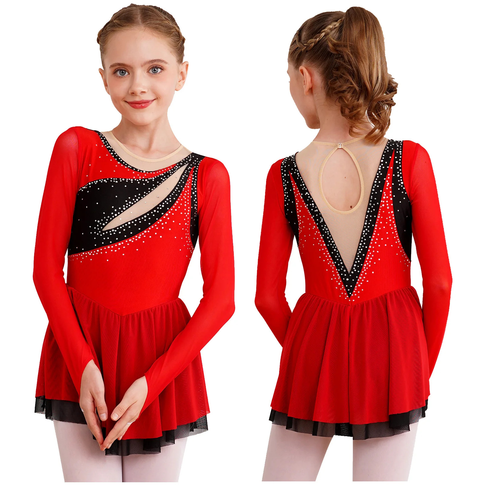 

Kids Girls Gymnastics Ballet Dance Dress Glittery Rhinestone Color Block Patchwork Sheer Mesh Long Sleeve Figure Skating Dresses