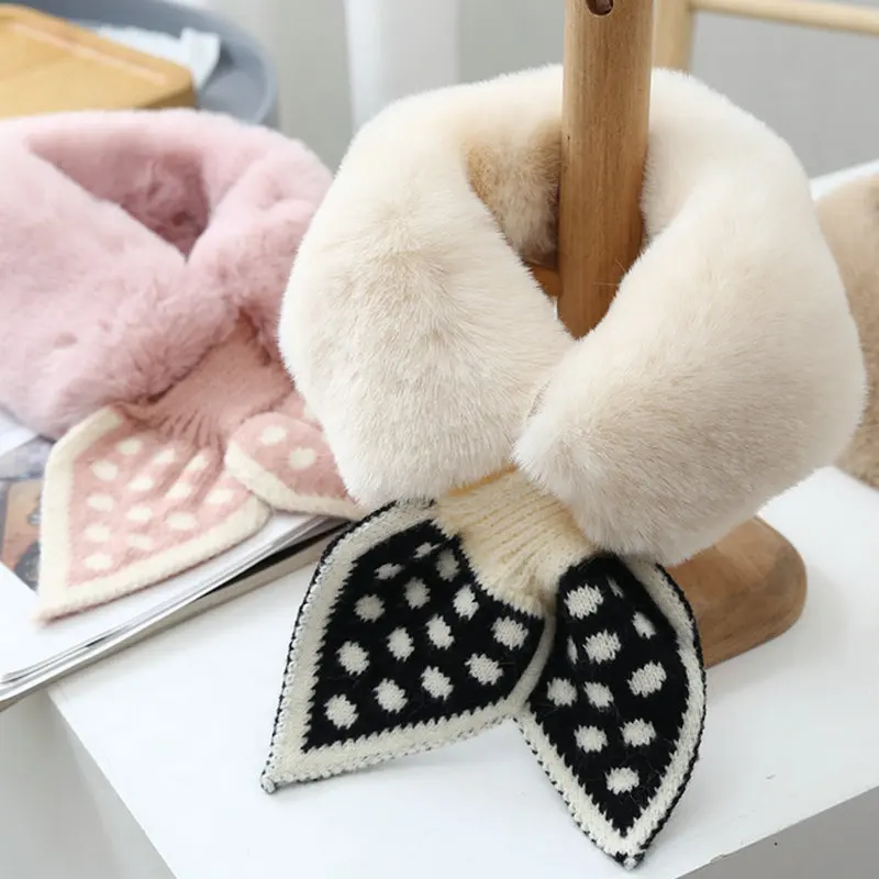 New Winter Plush Scarf Faux Fur Collar Neck Tie Women Korean Knitted Wave Point Cross Scarves Warmer Autumn Fake Rabbit Fur