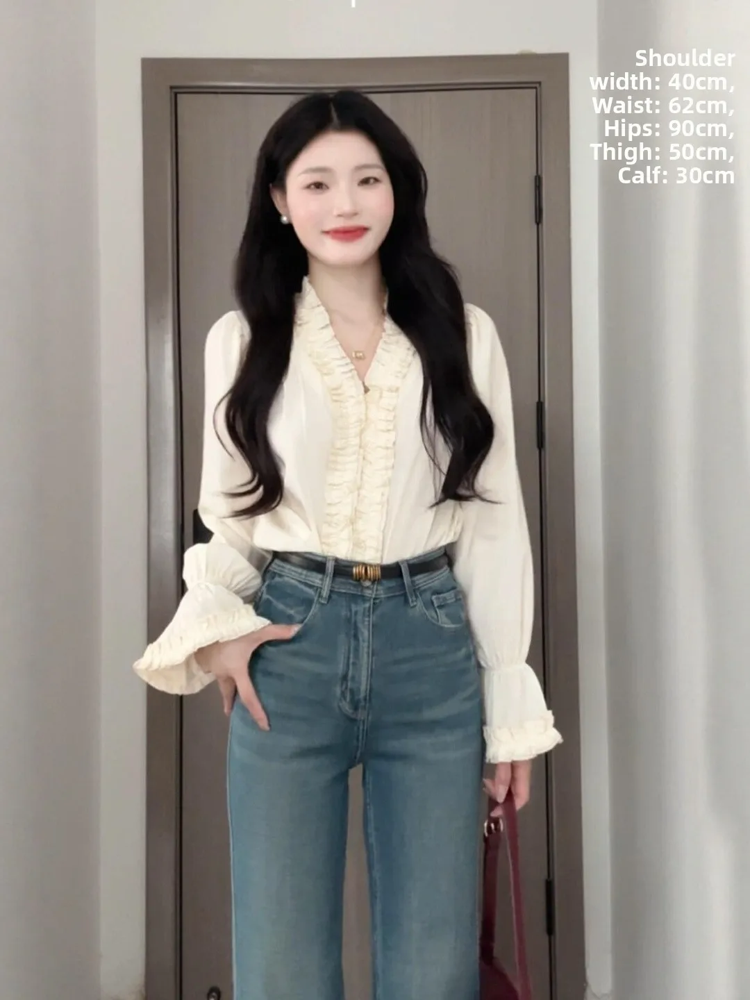 

French Sle V-Ne Heavy Embellied Ruffle Sve irt Women's Spring Loose Fit irt Ele Beautiful Top