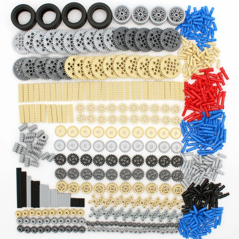 638PCS MOC Mechanical Bulk Building Bricks Technology Parts Gear Rack Cross Axle Accessory Car Tires High-Tech Truck Connector