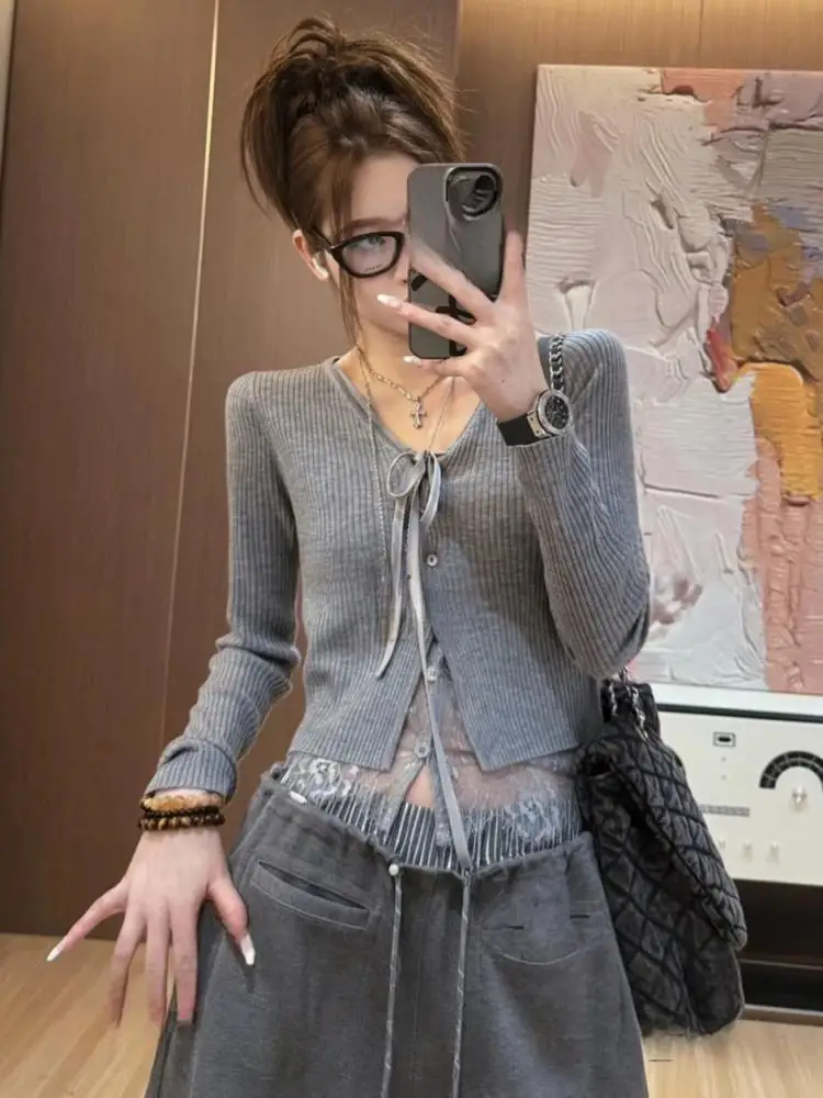 

Autumn Winter Grey Patchwork Lace Loose Versatile Cardigan Sweater Women's Long Sleeved Single Breasted Bow Lace-up Tops Trendy