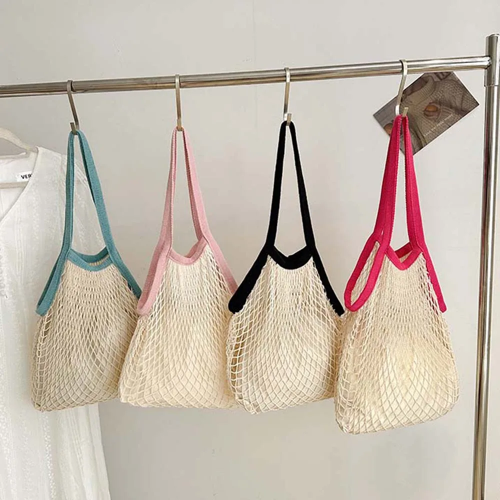 

Polyester Hollow Woven Shoulder Bag Large Capacity Pockets Knitting Handbags Foldable Breathable Summer Beach Tote Bags Outdoor
