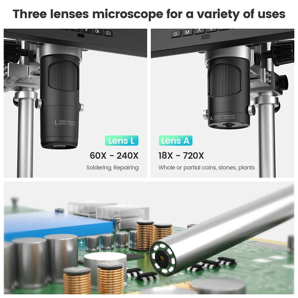 Andonstar AD249SM with Endoscope 10.1'' HDMI Digital Microscope 2000X for Circuit Board Repairing Microscope Electronics Repair