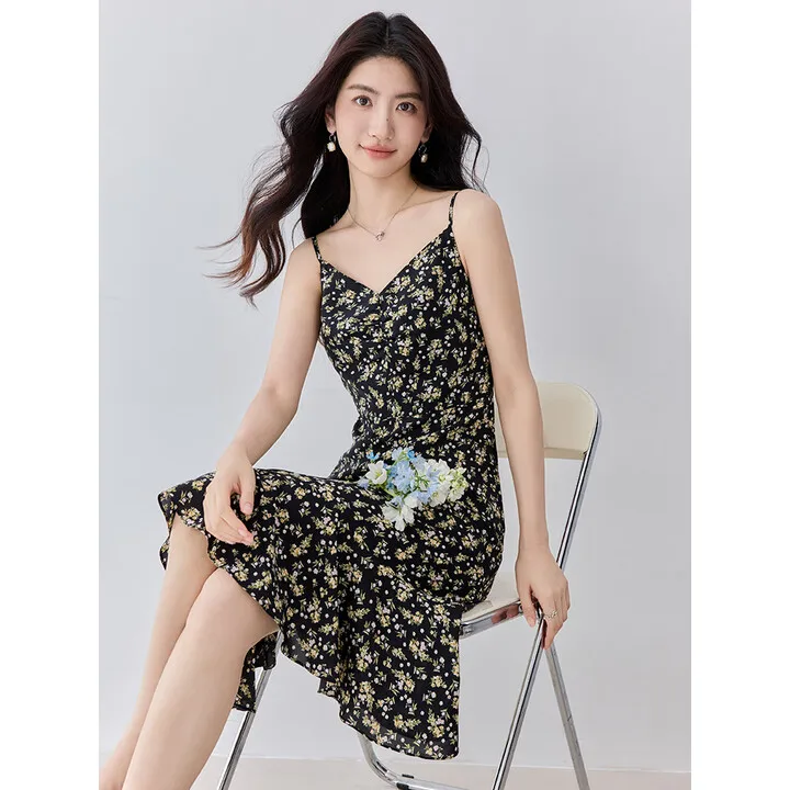 

SENTUBILA Flora Print Dress Summer 2025 Woman Vacation French Midi Adjustable Tie Belt Butterfly Hem Female Dresses 152LD1759