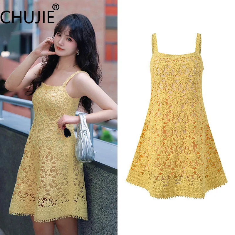 

CHUJIE Women's Summer Dress 2025 New French Holiday Style Beautiful Knitted Hook Flower Hollow Slim Fit Knitted Strap Dress