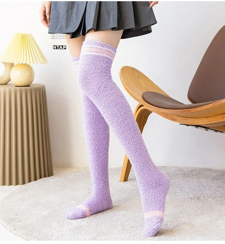 Wholesale Winter Striped Warm Coral Fleece Sleeping Socks Women Thigh High Long Fluffy Fuzzy Socks