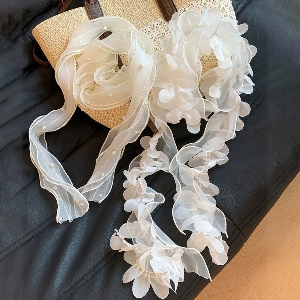 

Breathable Pearls Lace Long Scarf Large Wave Flower Shape Lightweight Neck Decoration Scarf Pastoral Style White