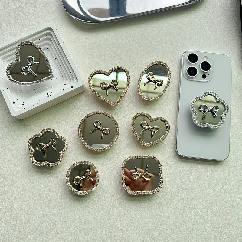 

Love Bow Flower Mirror Ellipse Mobile Phone Stand Holder Fold Tok Support For IPhone 17 16 Phone Tablet Accessories Stand Holder