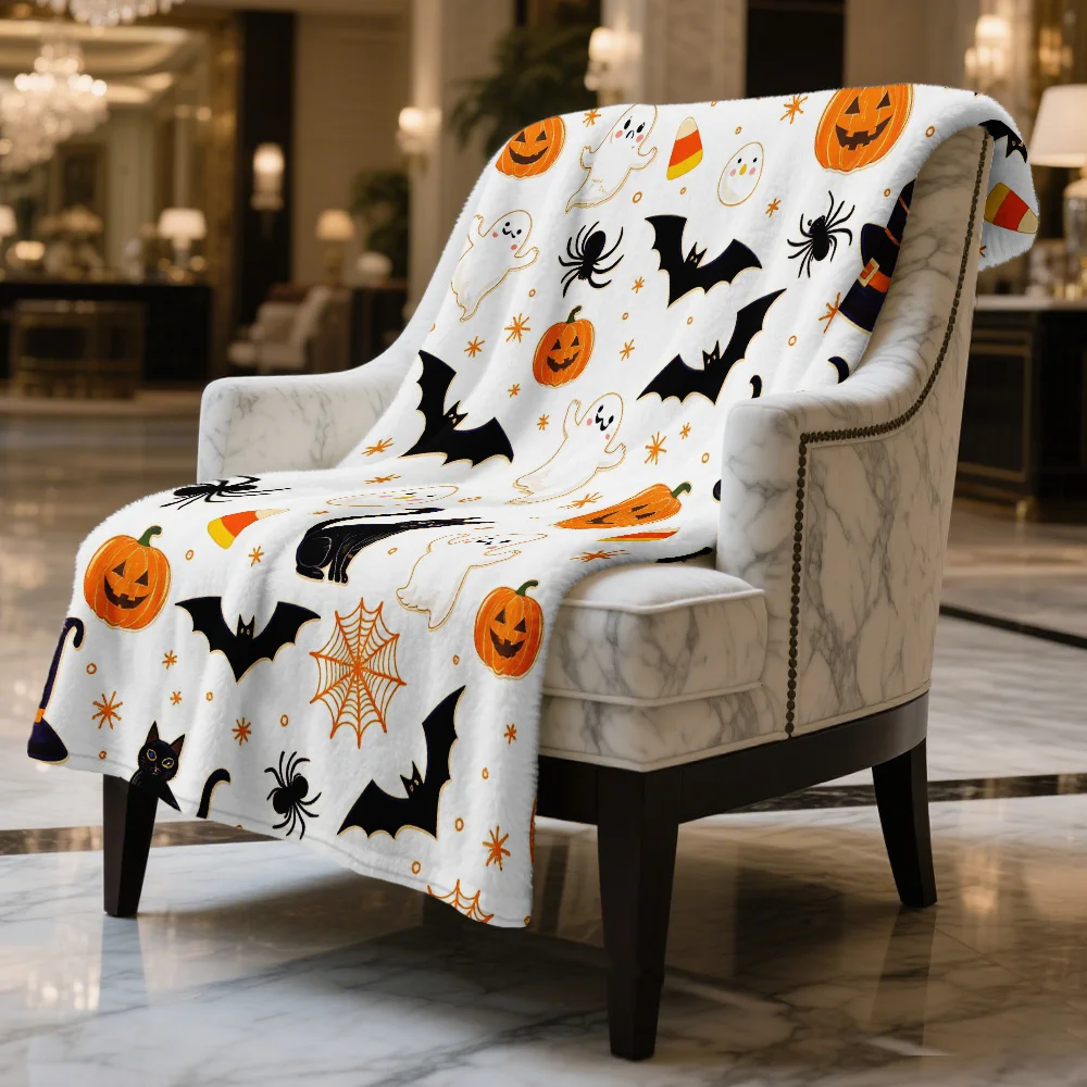 1pc Gothic Trick or Treat Flannel Blanket - Halloween Cartoon Design with Jack-O'-Lanterns, Bats & Pumpkins, Cozy All-Season Thr