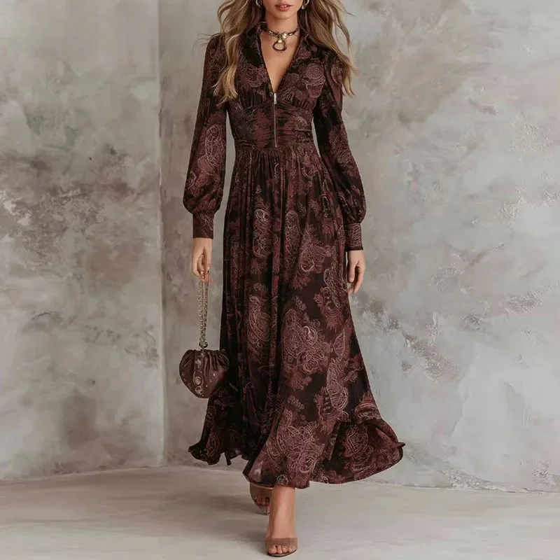 

Woman Vintage Floral Print A-Line Sexy V Neck Zipper High Waist Pleated Dress Autumn Long Sleeve Evening Gown Dresses