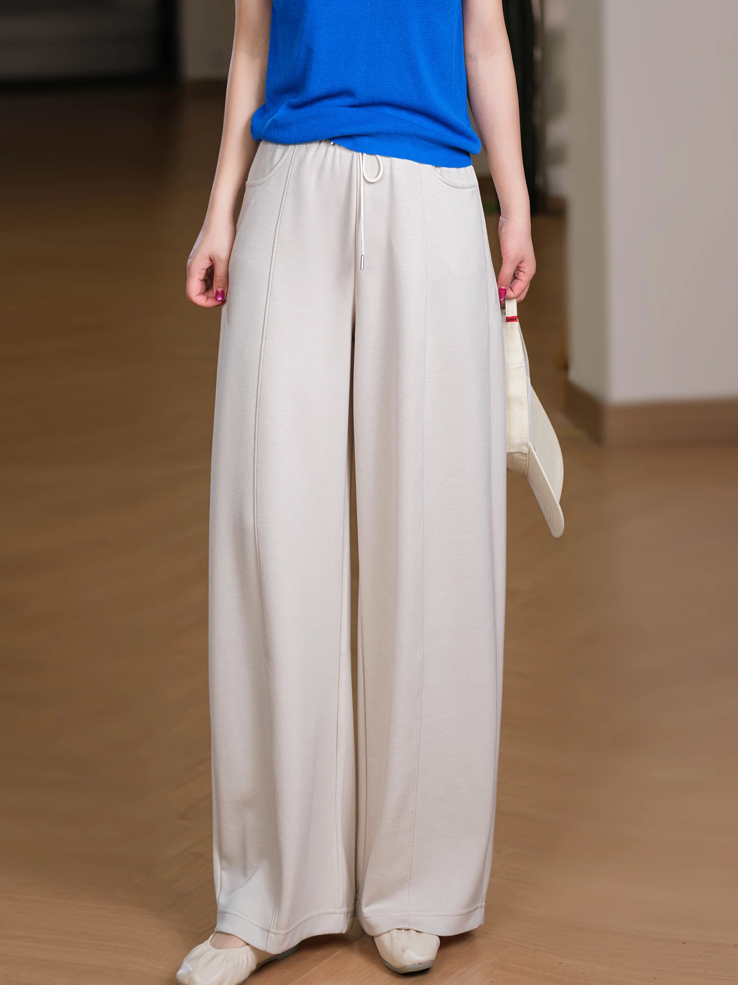 Casual Elastic Waist Knife-Shape Pants Smooth Air Layer Anti-Wrinkle Polyester Blend Comfortable Straight Leg Ladies Trousers