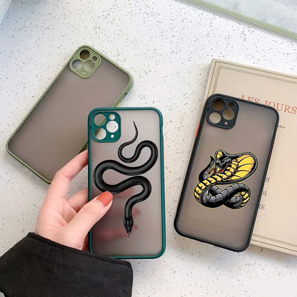 Frosted Translucent Phone Case For iPhone 16Pro 15 14 ProMax 7 8 16 Plus 11 12 13 Mini X XS XSMax Snake Cobra Python Black Cover