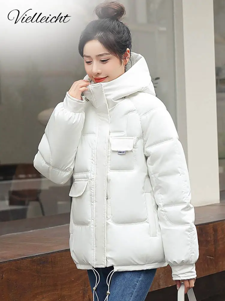 Vielleicht New 2022 Women Short Jacket Winter Thick Hooded Cotton Padded Coats Female Korean Loose Puffer Parkas Ladies Oversize