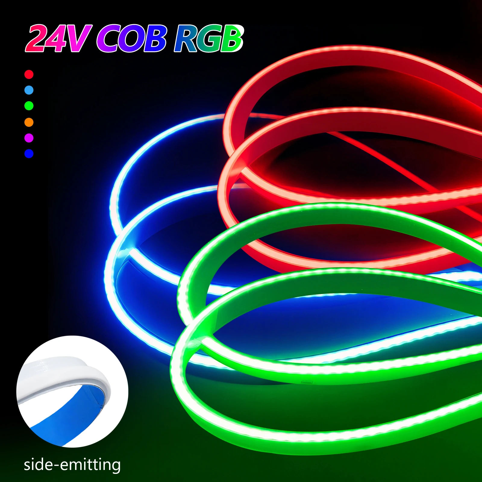 24V RGB COB LED 스트립 측면 발광 840LEDs/m 고밀도 RGB COB 테이프 실내 장식 조명용 다채로운 유연한 리본