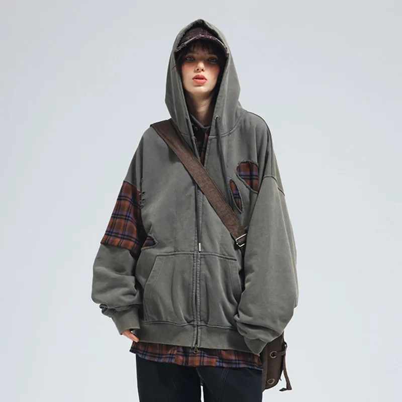 HKSH Waste Land Style Broken Holes Retro Plaid Splice Zipper Jacket Fake Two-Piece Sweatshirt Streetwear High Street Coat HK2385