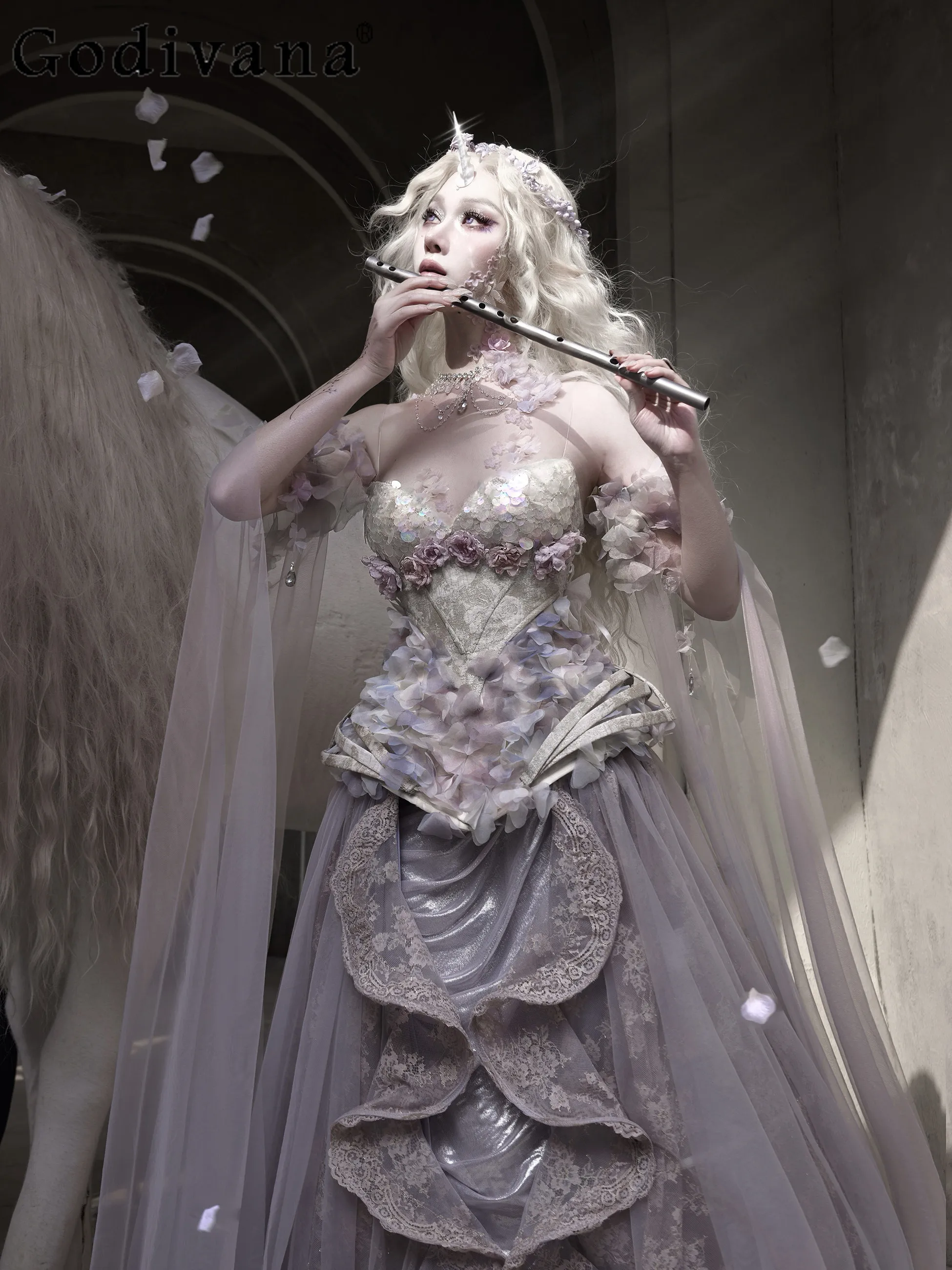 

Original New Women's Mesh Splice Long Skirt Set Spring 2026 Fairy Style Slimming Sweet Elegant Fishbone Corset Cosplay Costume