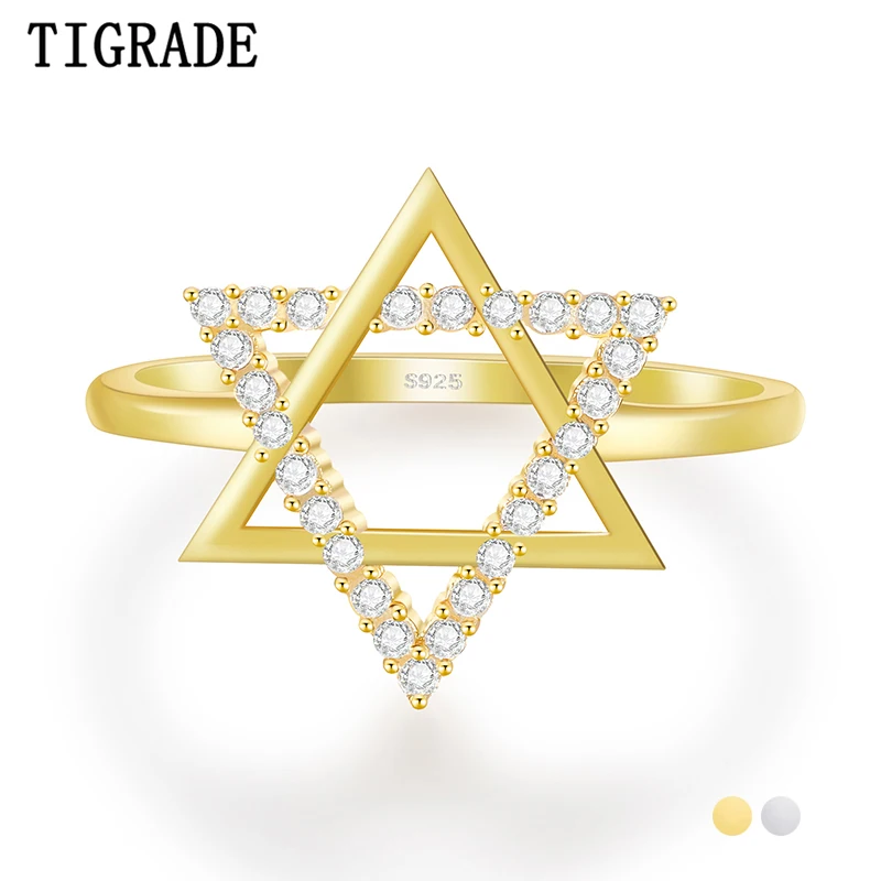 Tigrade Classic Hexagram Star of David 925 Sterling Silver Rings For Women Jewish Jewelry Israel Emblem Gold Plated Ring Anillo