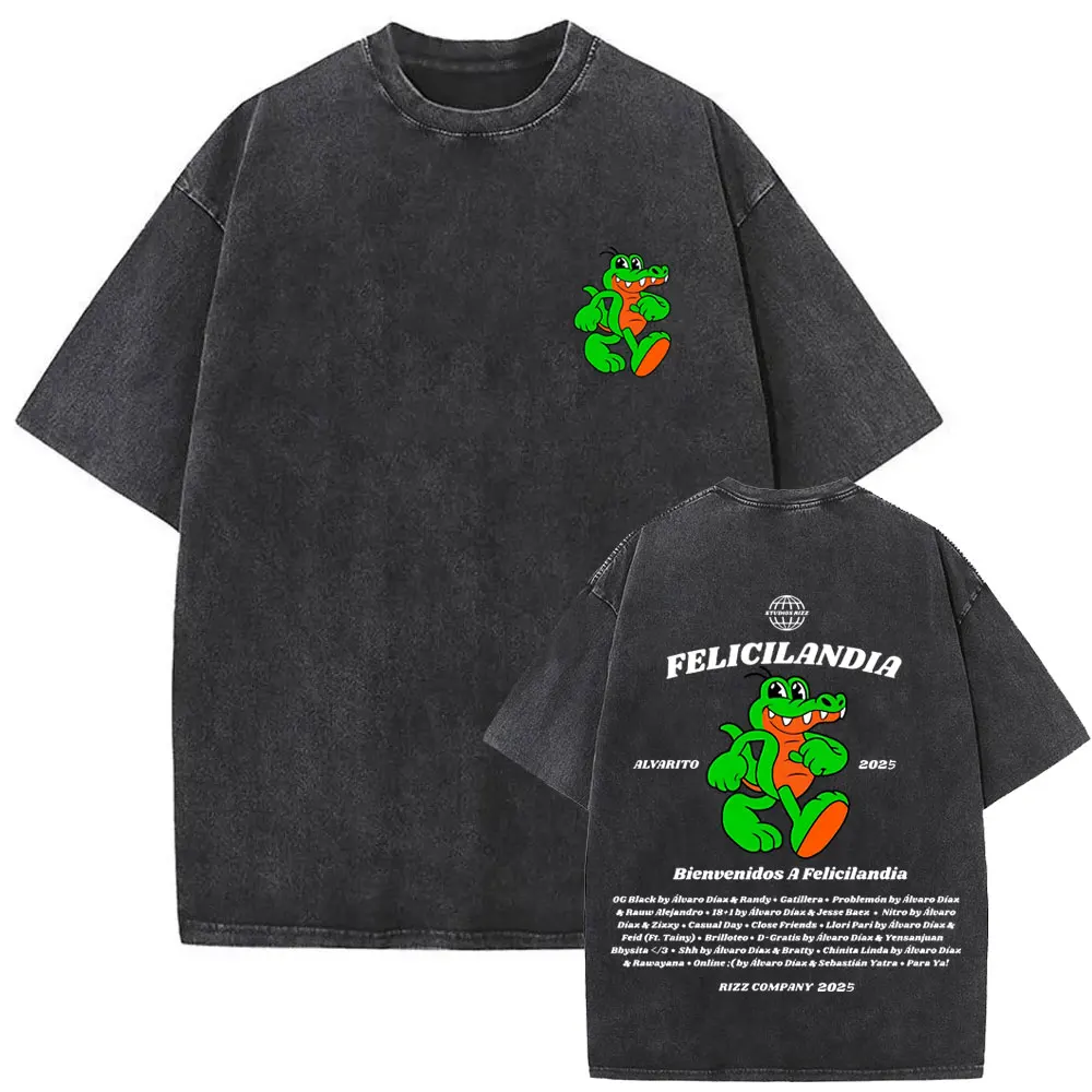 Washed Vintage Alvaro Diaz Sayonara Felicilandia T-shirt Crocodile Funny T-shirts Men Hip Hop Oversized Short Sleeve T Shirts