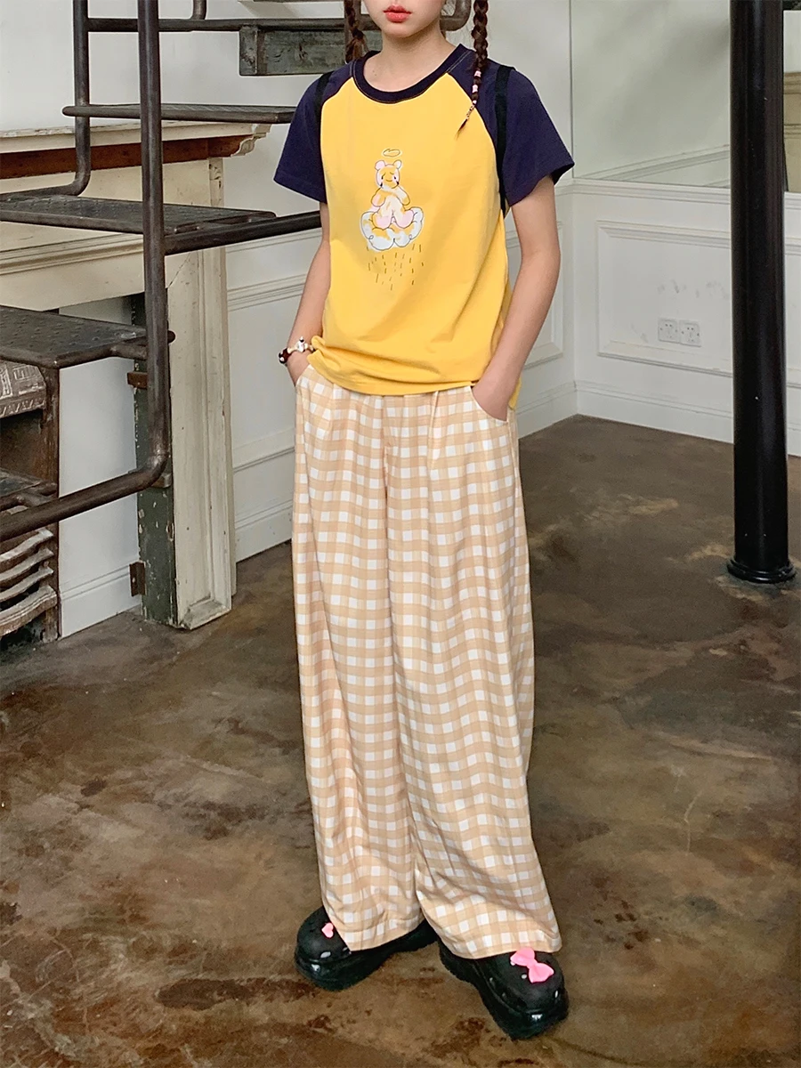 

Yellow Plaid Pants High Waist Wide Leg Dad Pants Summer Women's Loose Drapey Cheese Foam Cover Straight Cut Casual Trousers