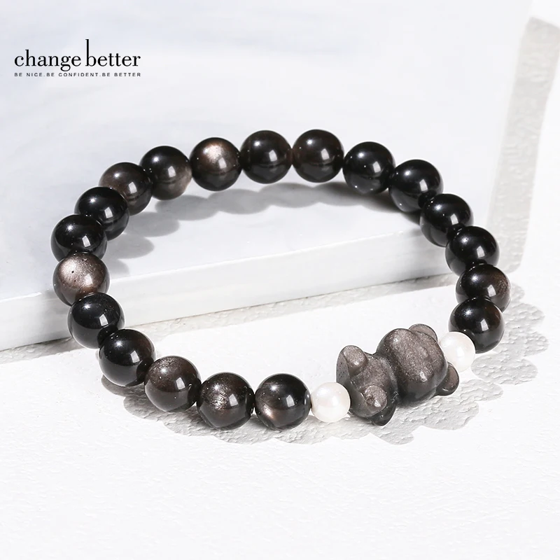 Natural Stone Cartoon Bear Cute Bracelets Women Vintage Silver Color Shiny Obsidian Carved Bead Stretch Bracelet Friendship Gift