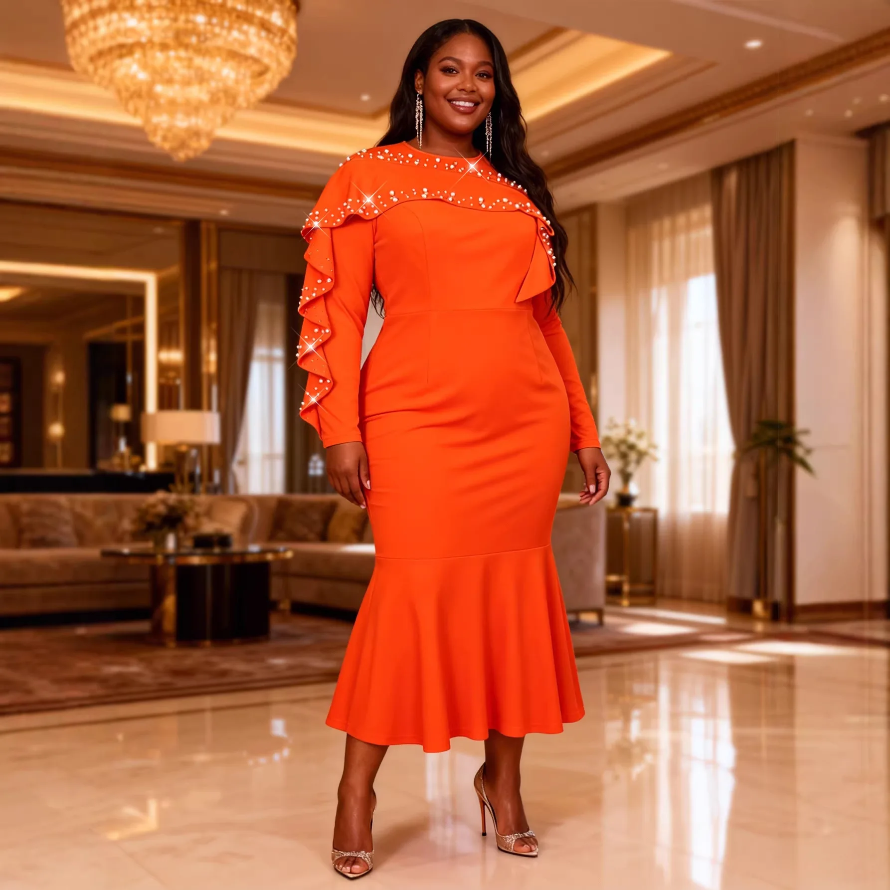 

Элегантное длинное макси-платье оранжевого цвета с длинным рукавом и круглым вырезом из полиэстера для женщин больших размеров, коллекция Лето 2026, в африканском стиле