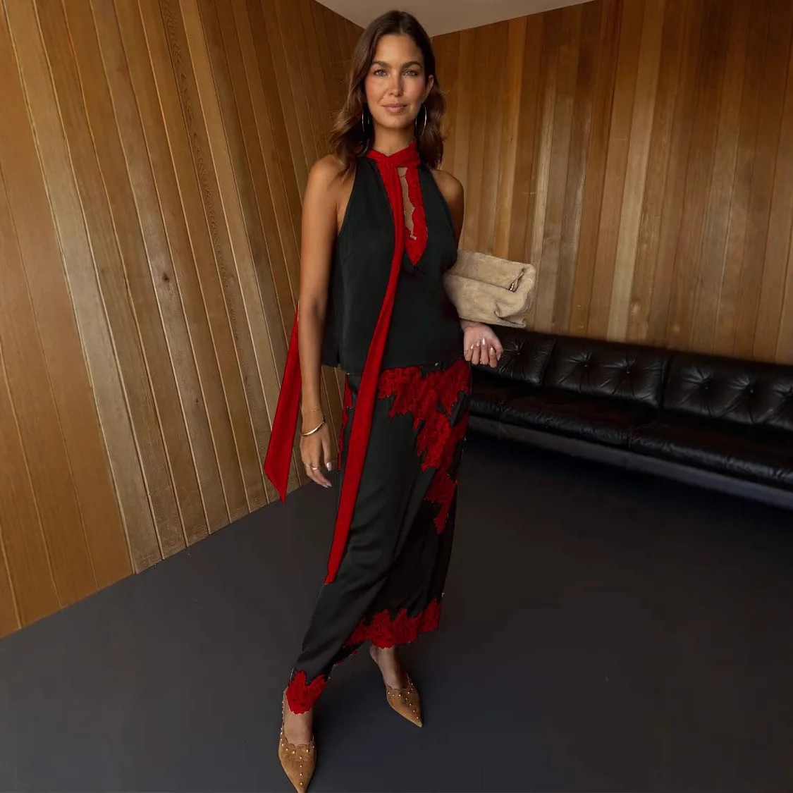 

JHJN комплект из 2 предметов женской одежды, атласный кружевной костюм без рукавов, INS, свободная юбка на бретельках для отдыха, комплект люксового бренда