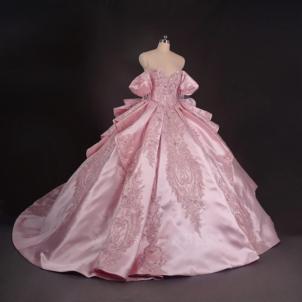 Requintado brilhante rosa quinceanera vestidos de casamento personalizado vestido de festa frisado fora do ombro vestido de baile vestidos de 15 años