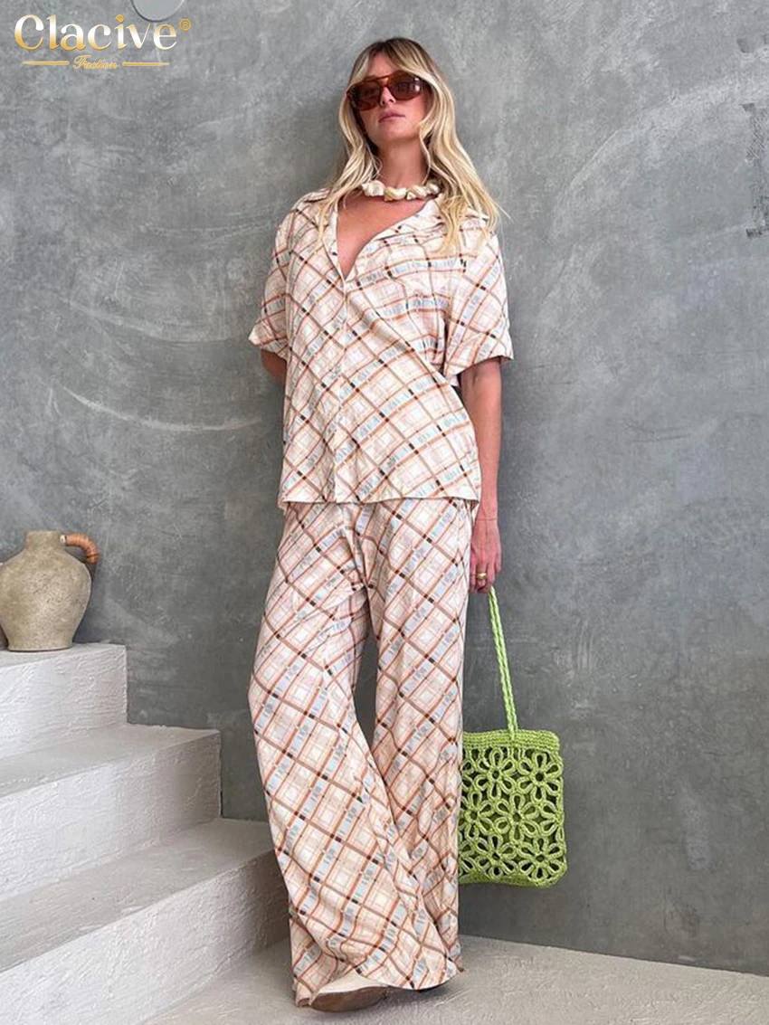 

Clacive Summer Loose Print Trousers Set 2 Piece Woman 2026 Fashion Short Sleeve Shirt With High Waist Wide Pants S Et Female