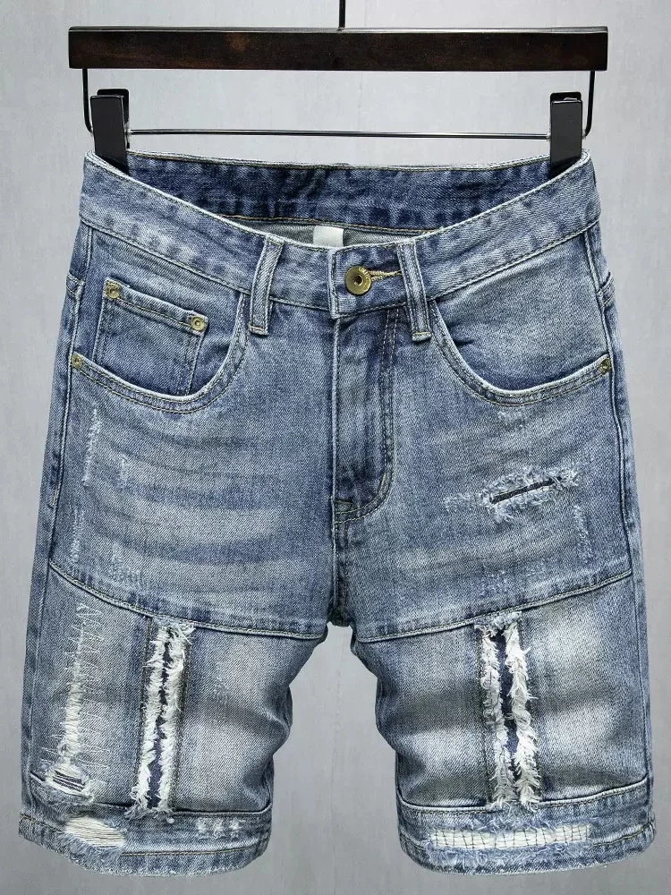 Summer Fashion Designer Men Jeans Spliced Retro Blue Elastic Stretch Ripped Short Jeans Homme Patched Hip Hop Denim Shorts Men