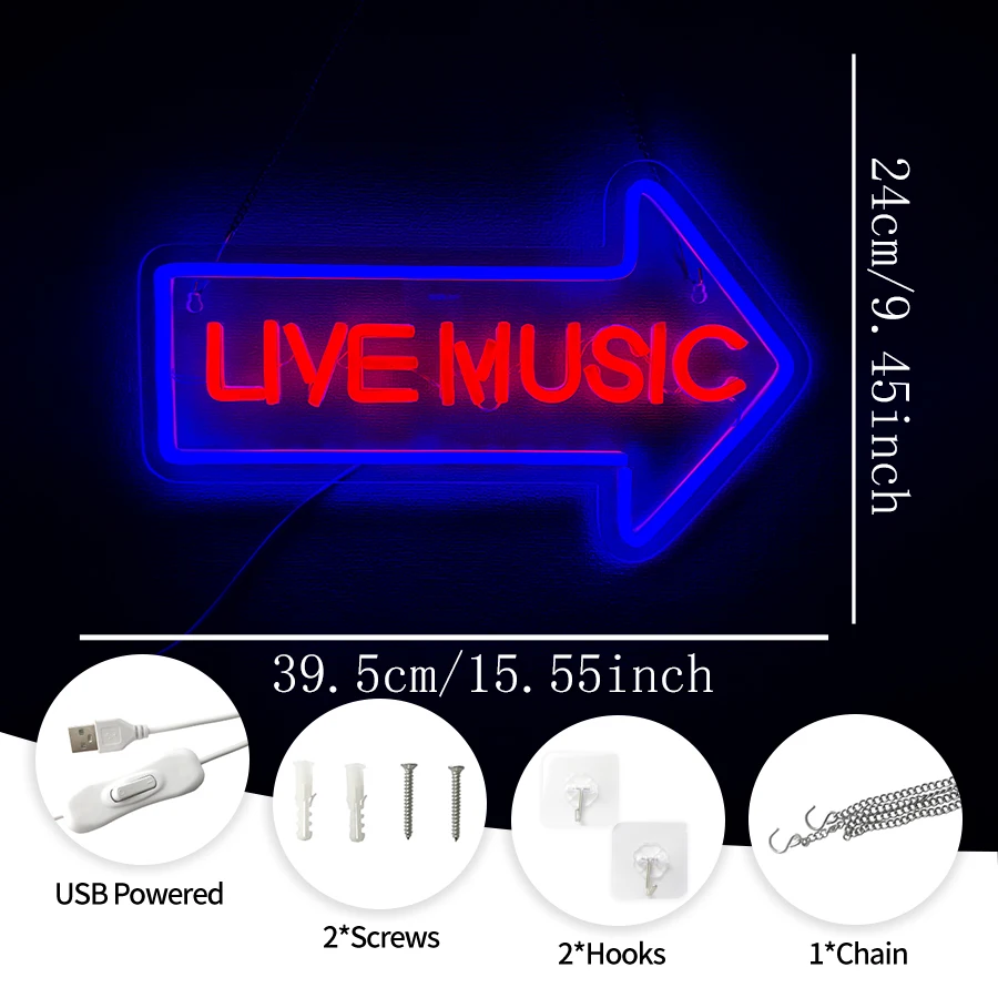 Live Music Led Neon Sign, Arrow Icon Usb Powered, Suitable For Bar, Music Studio, Recording Studio, Club Party Art Decor.