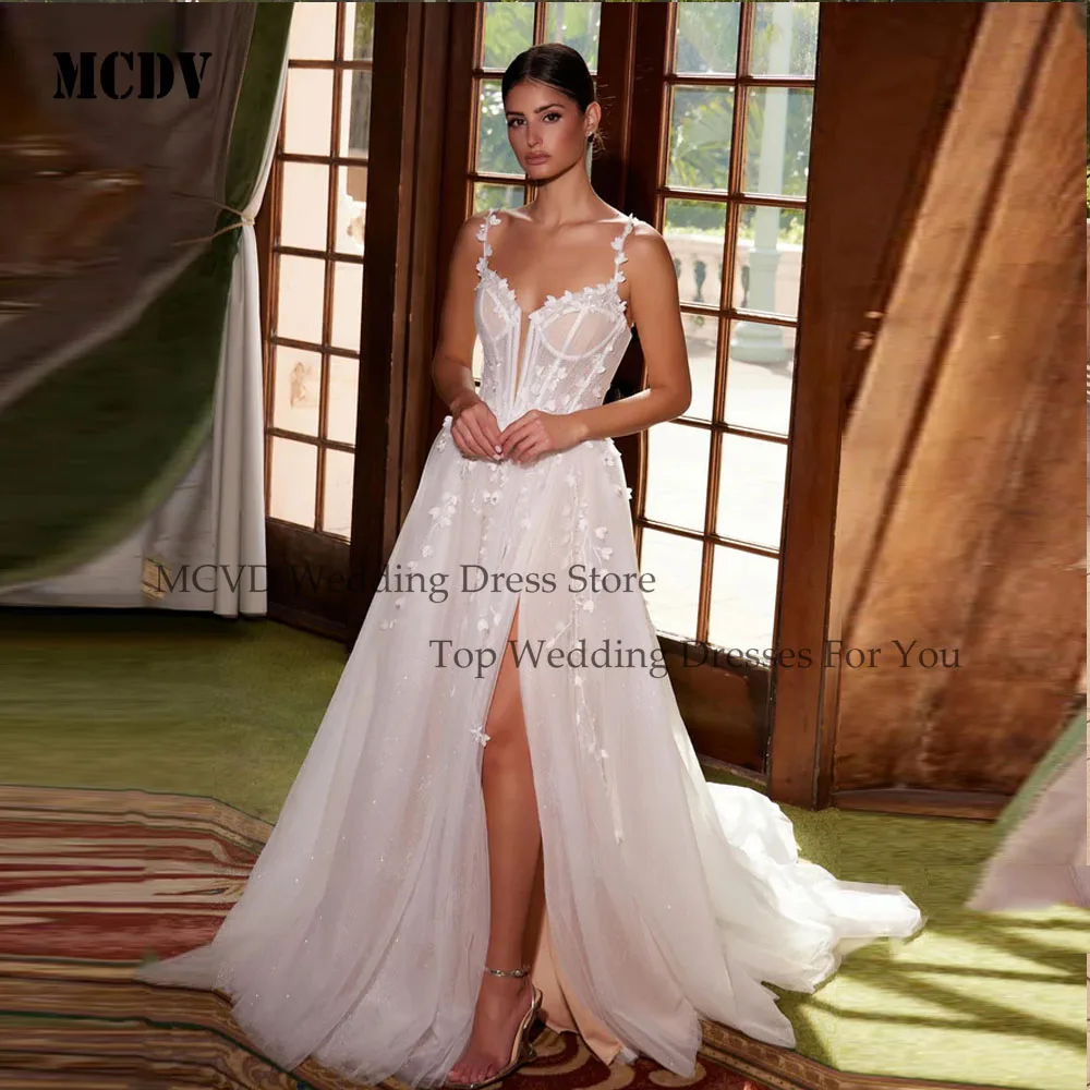 

MCDV Gorgeous Shiny Wedding Dresses Appliques Bridal Gown Spaghetti Straps Glitter Tulle Side Split Vestidos De Novia Customized