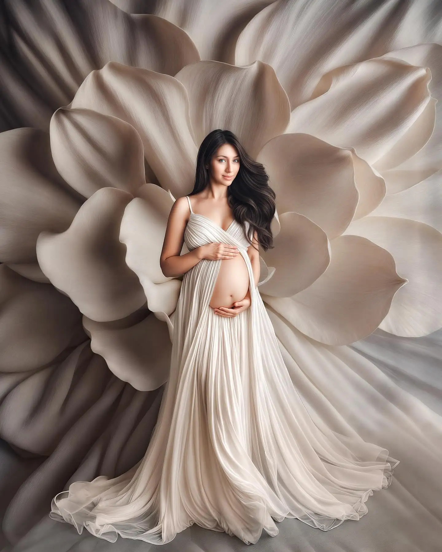 Ivory White Flowing Chiffon Maternity Photography Dress Set Plus Size Soft Pregnancy Baby Shower Gown Robe for Photoshoot