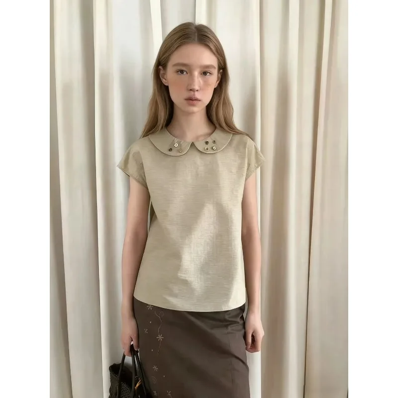 Preppy Collar Beaded Short Sleeve Blouse Elegant Daily Age-reducing Women Summer Top