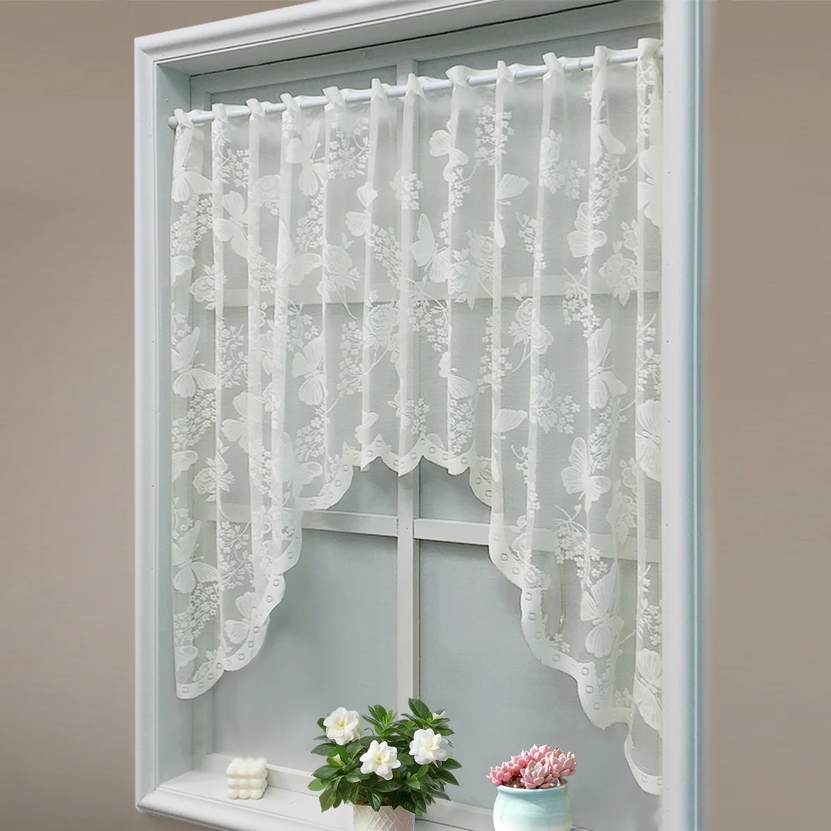 Window Valance Butterfly Knitted Lace White Sheer Short Kitchen Curtain French Style Romantic for Coffee Room Decor Grommet Top