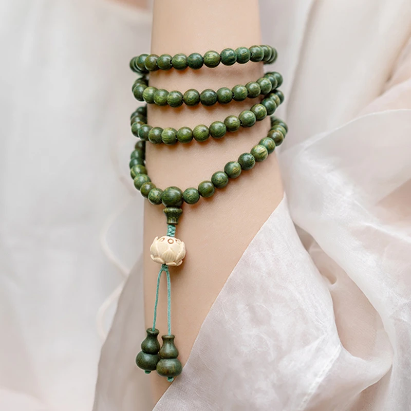 Natural Sandalwood Beaded Rosary Green Lotus 108 Necklace 8mm Bracelet Buddhist Prayer Yoga Wooden Beads