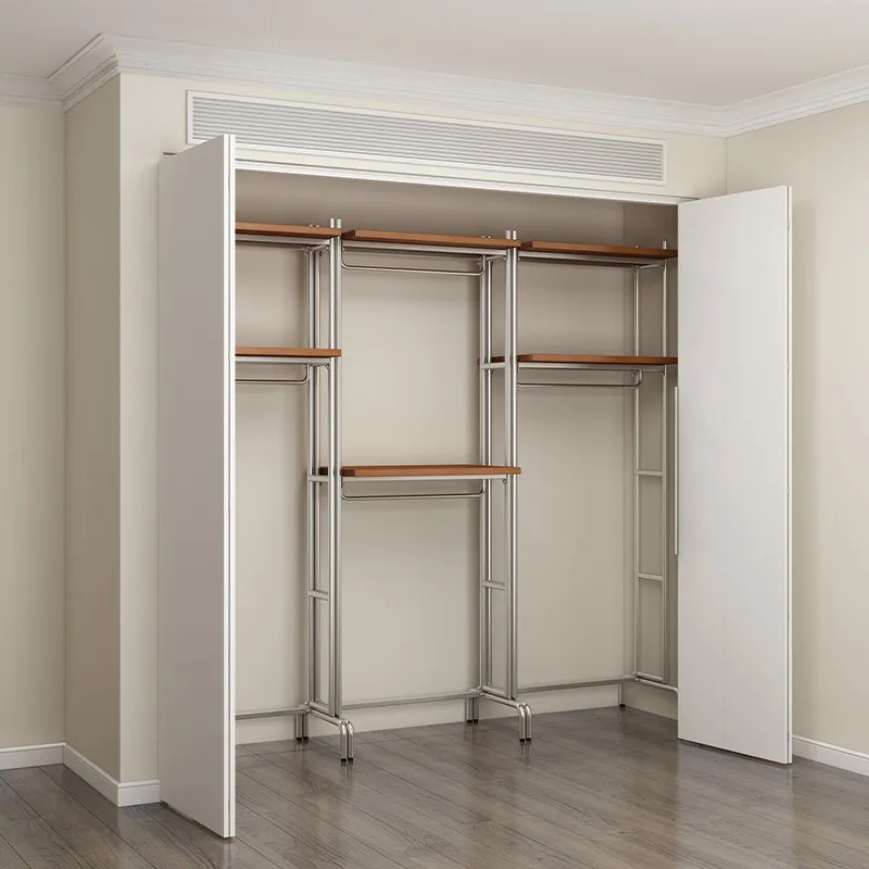 W5-open wardrobe rack cloakroom solid wood metal fully hanging walk-in wall wardrobe steel frame iron coat rack