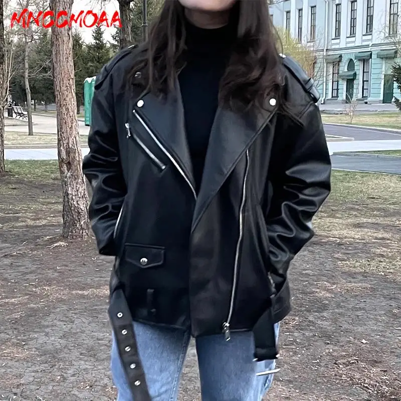 MNCCMOAA-Women's Long Sleeve Faux Leather Jacket, Vintage Belt Coat, Zipper Outerwear, High Quality, Female Fashion, 2024