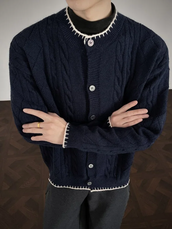 

Тяжелый вязаный свитер, пальто, мужской американский ретро-осенне-зимний высококачественный цветной трикотаж, модный длинный бейсбольный воротник...