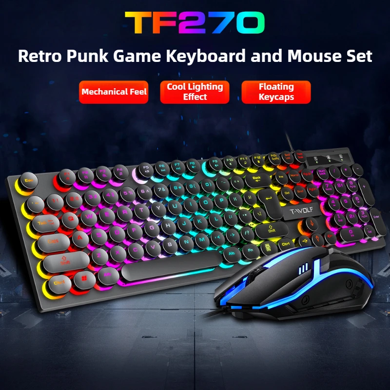 

TF270 Wired Keyboard Mouse Combos Cool Backlight Effect 104 Keys Multimedia Function Punk Keyboard Optical Engine Mouse for PC