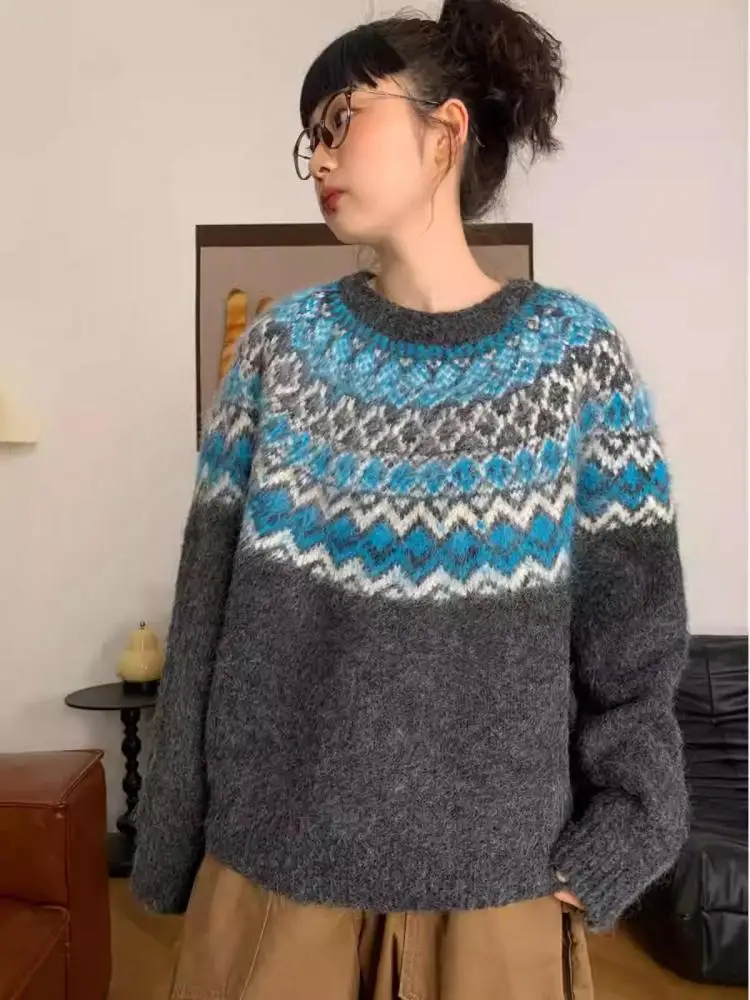 

Осень-зима, синий, серый лоскутный пуловер, вязаные топы, корейские новые женские универсальные свитера с круглым вырезом и длинными рукавами, повседневный тренд 2025 года