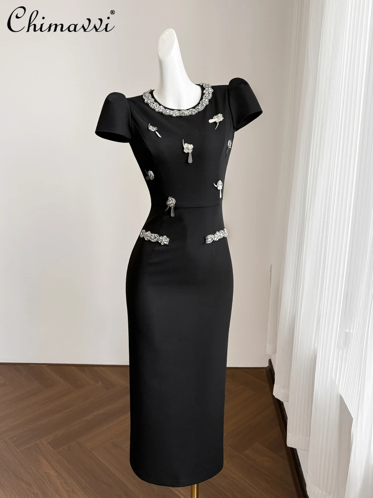 

French Elegant High-end Beaded Black Evening Dress Round Neck Puff Sleeve High Waist Slim Bodycon Temperament Long Dress Women