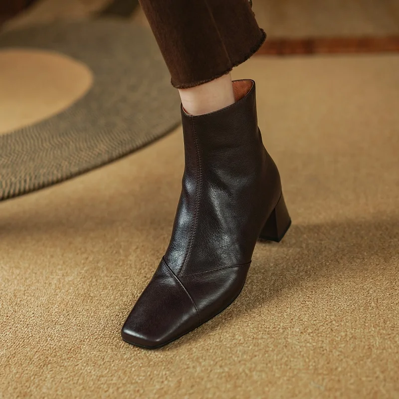 

Woman Ankle Boots Square Toe Sheepskin Shoes Elegant French Style Retro Botas Autumn Spring Soft Shoes Zippers Winter Botas