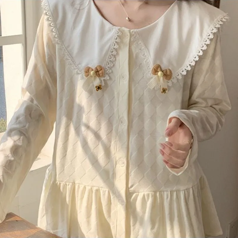 Koreaanse Versie Katoenen Pyjama Vrouwen Lange Mouwen Schattige Pop Kraag Japanse Homewear Meisjes Lente Herfst 2024 Loungewear Set