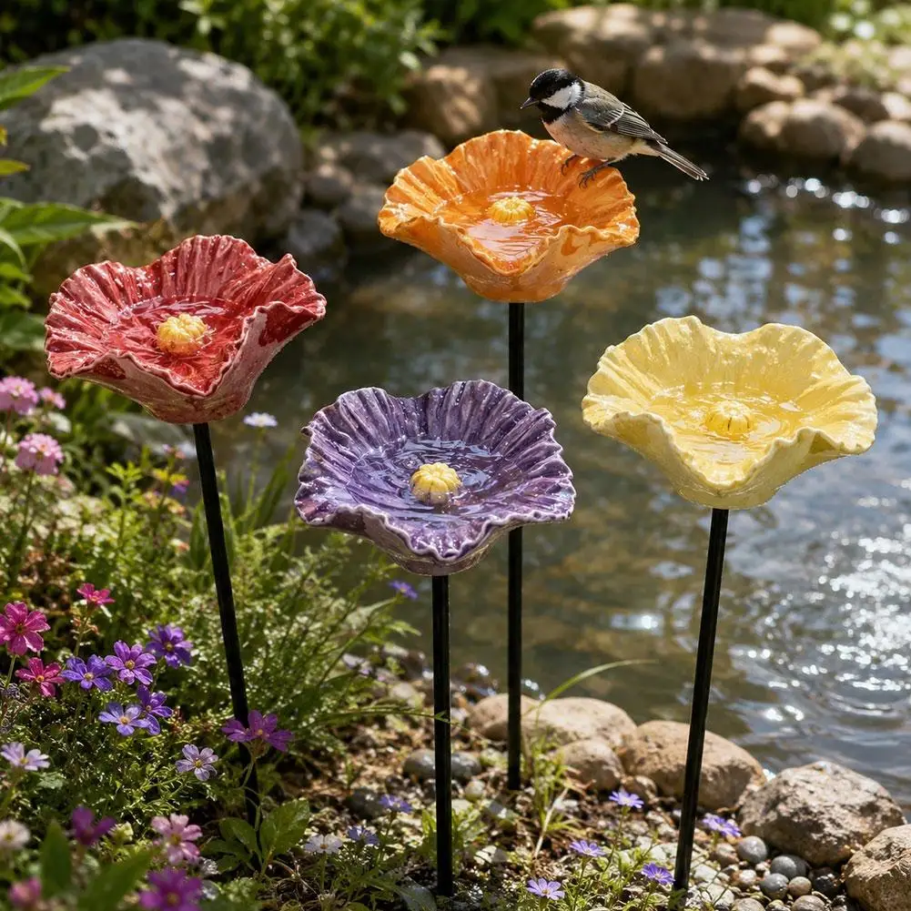 

Outdoor Bee Feeder With Drinking Bowl, Creative Resin Flower Butterfly Bathing Basin Bird Watering Station Garden Stake Decor