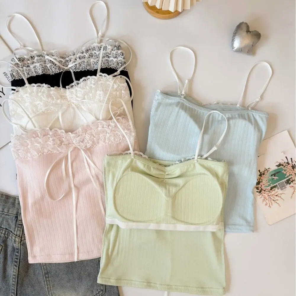 Modny Top Krótki z Kokardą, Koronką, Dopasowany, Słodki Top Pod Sukienkę, Dziewczęca Koszulka na Ramiączkach, Letni Top w Stylu Spice Girls z Wkładkami, Damski