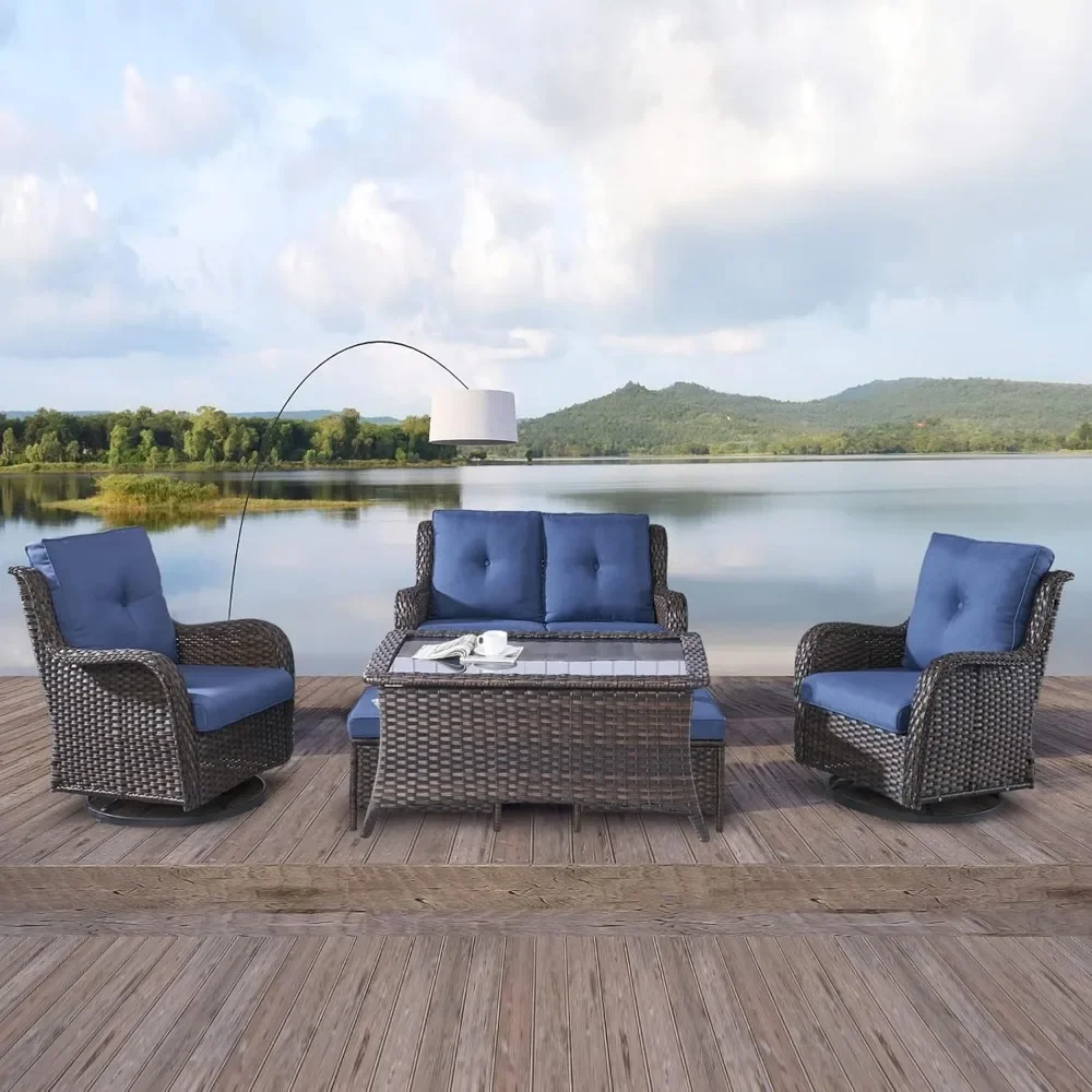 

6 Piece Outdoor Rattan Wicker Patio Conversation Sets with 2 Swivel Rocker Chairs,2 Ottomans,1 Loveseat and 1 Coffee Table