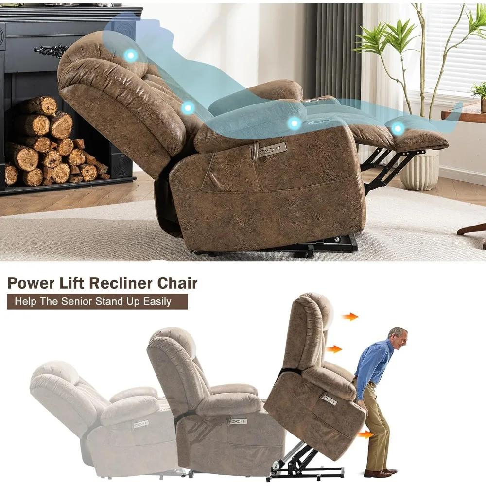 Power Lift Recliner Chair, Massage and Heat, Overstuffed Wide Recliners, Lift Chairs w/Metal Cup Holders, USB & Type-C Ports