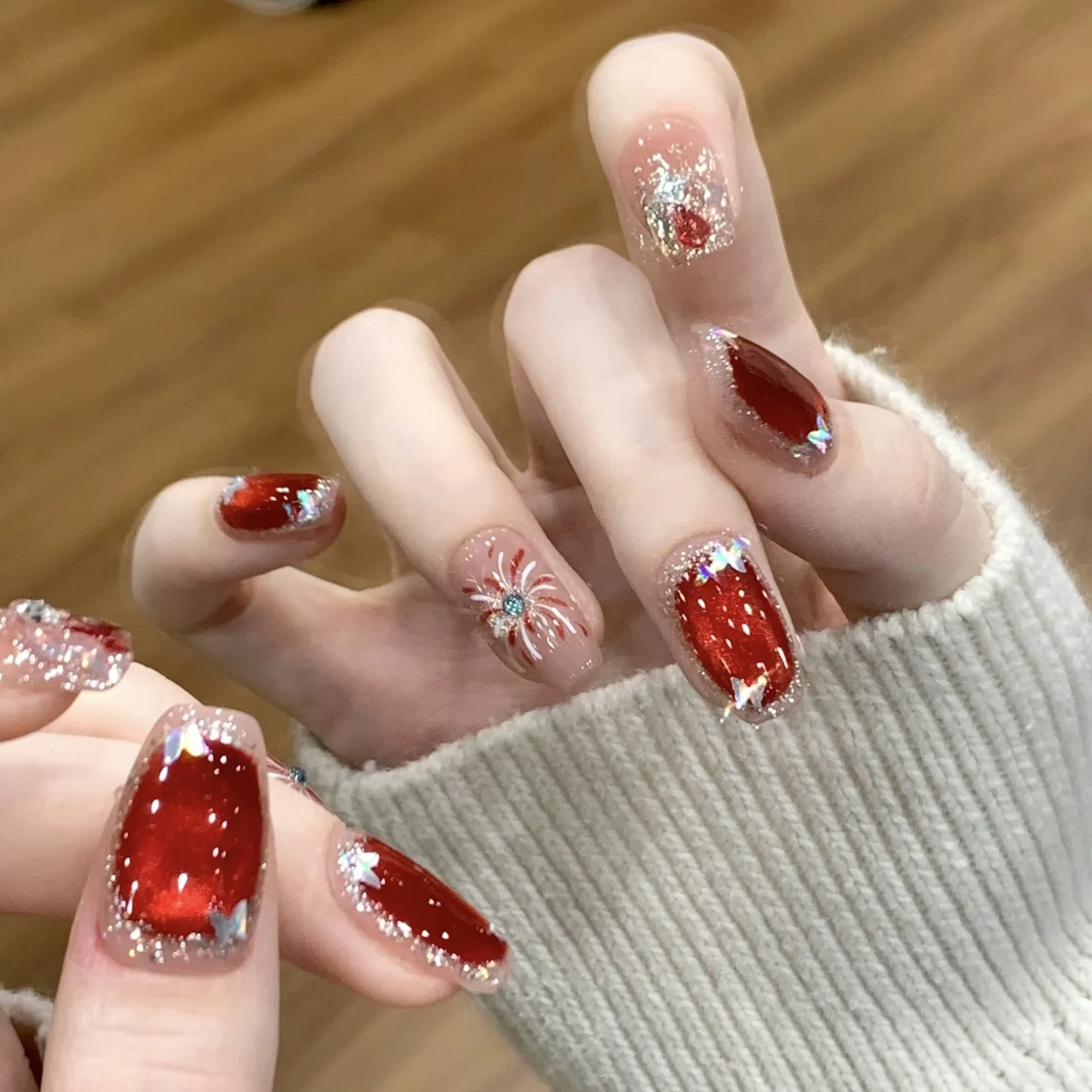 10 Stück Katzenaugen, Feuerwerk, rot, künstliche Nägel, romantisch, DIY, handgefertigt, quadratisch, zum Aufdrücken der Nägel für Frauen, Party, Hochzeit, Tragen