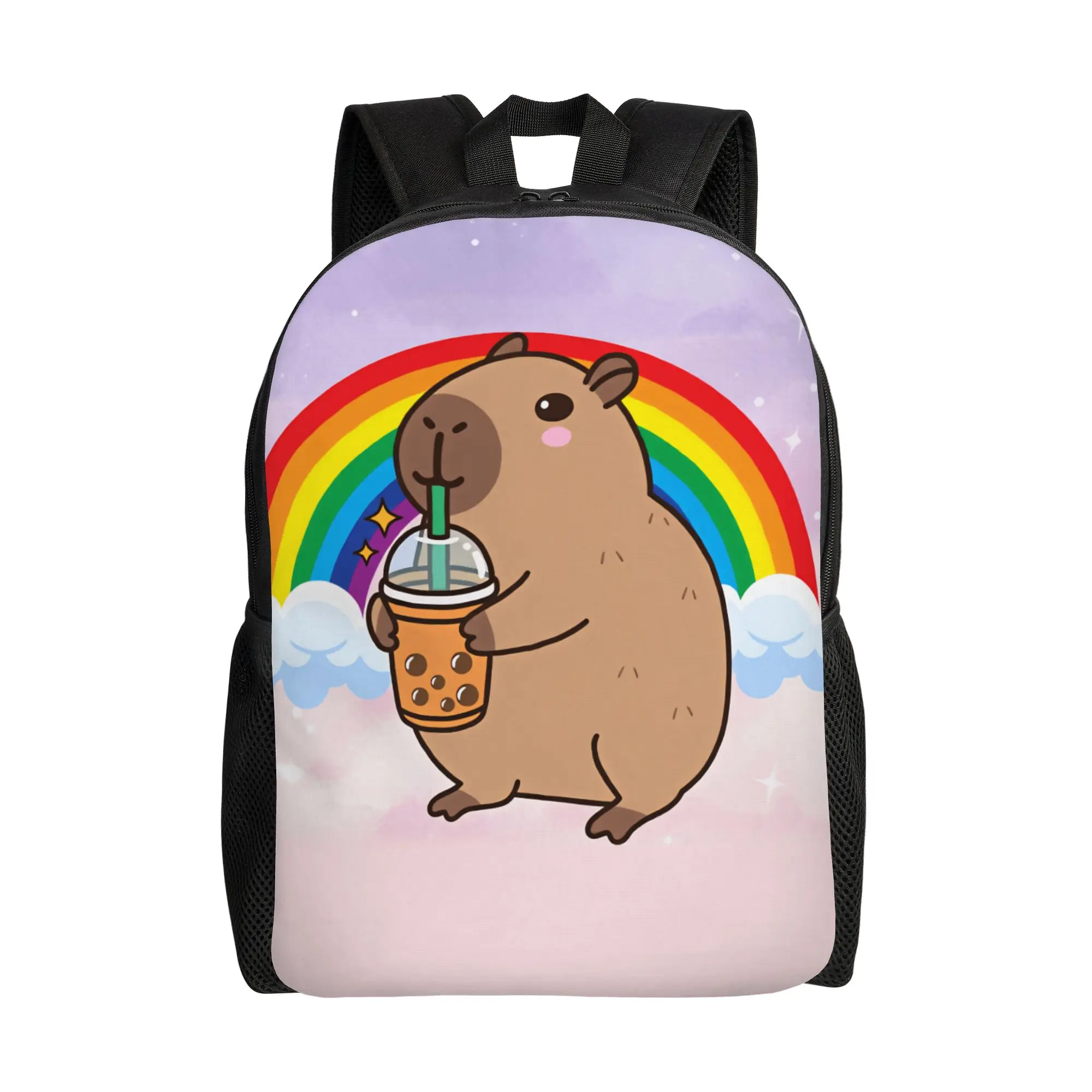 Capybara Drinking Bubble Tea Rainbow Cloud Star Cartoon Backpack  College Backpacks Female Fashion School Bags Soft Rucksack