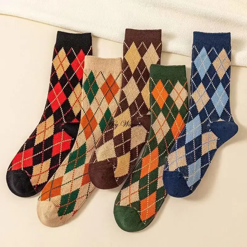 Autumn Winter Girls' Socks College Style Retro Plaid Fashion  Lattice Cotton Casual Streetwear Middle Tube Comfort Sock Hosiery